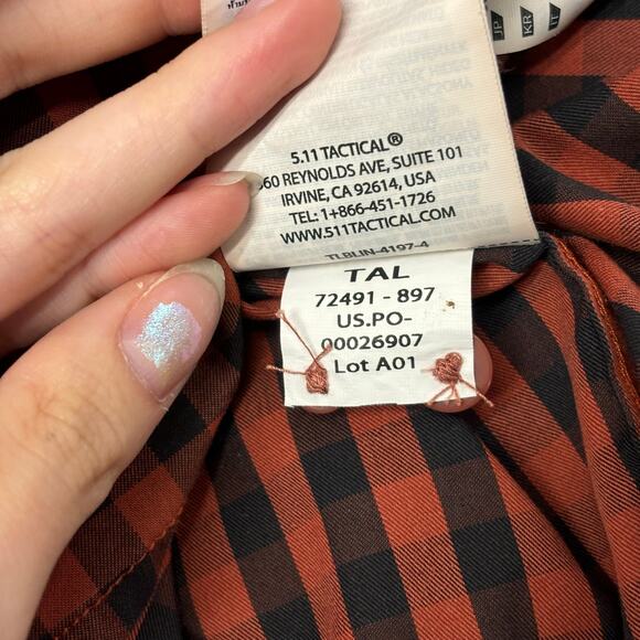 5.11 Tactical Orange Black Gingham Mens M Button‎ Down Utility Flannel Shirt EUC - Picture 6 of 9